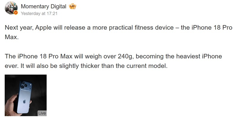 Automatische Übersetzung der Nachricht von Instant Digital auf Weibo über die Abmessungen des iPhone 18 Pro Max