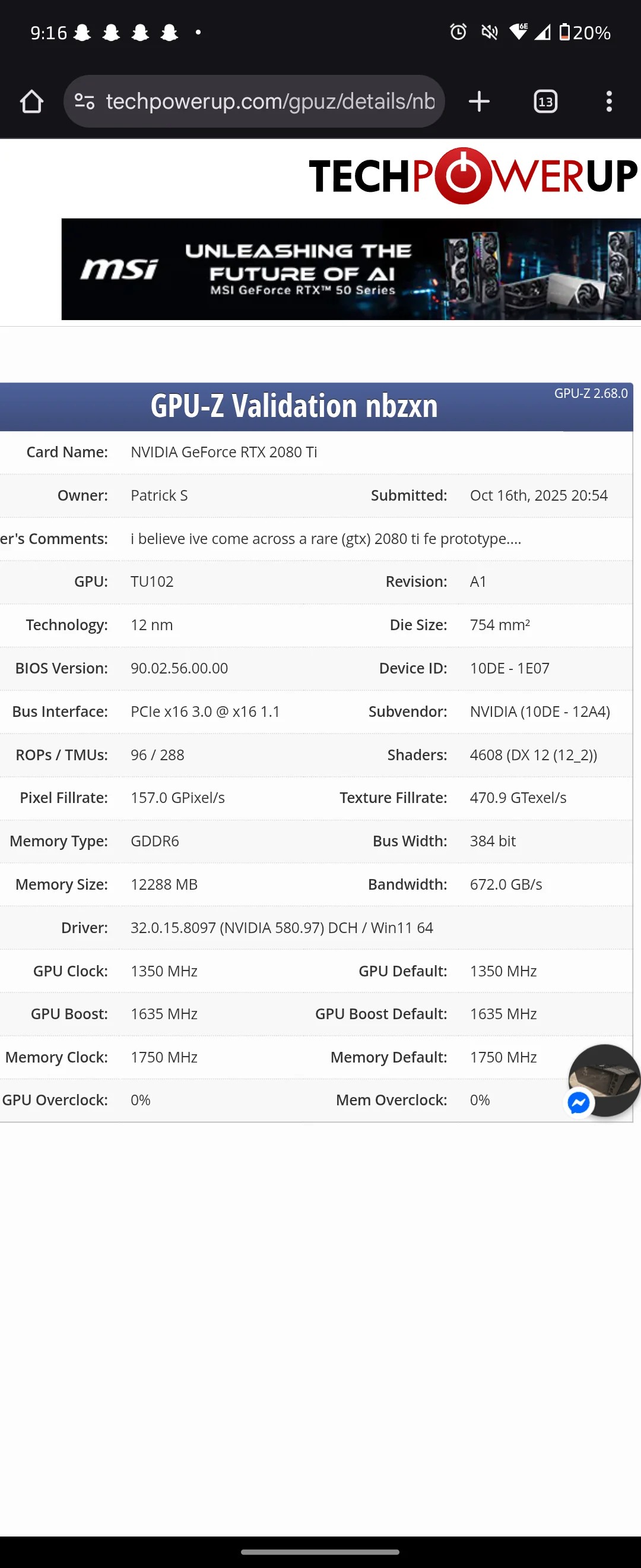 Technische Merkmale des Prototyps in GPU-Z