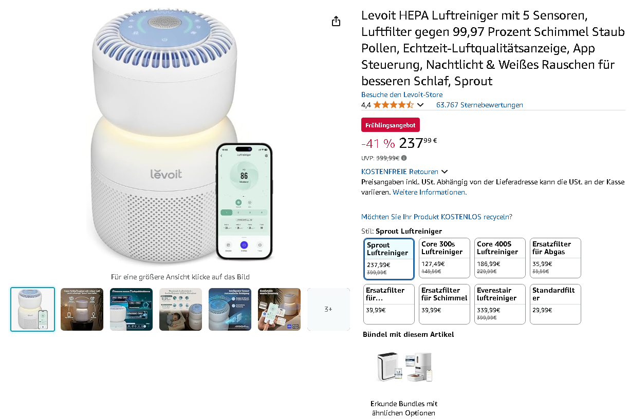 Screenshot der Levoit HEPA Luftreiniger