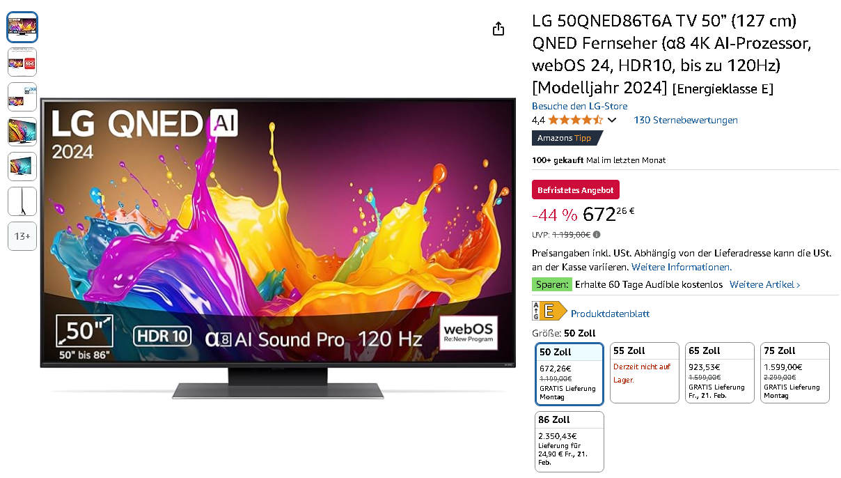 Screenshot der LG 50QNED86. Quelle: Amazon