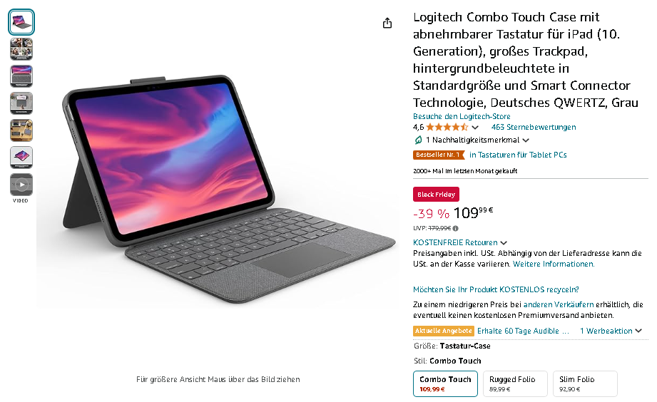 Logitech Combo Touch Keyboard Case Screenshot der Logitech Combo Touch