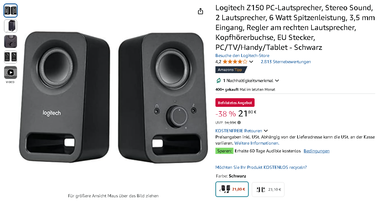 Logitech Z150 Lautsprecher Screenshot der Logitech Z150 Lautsprecher