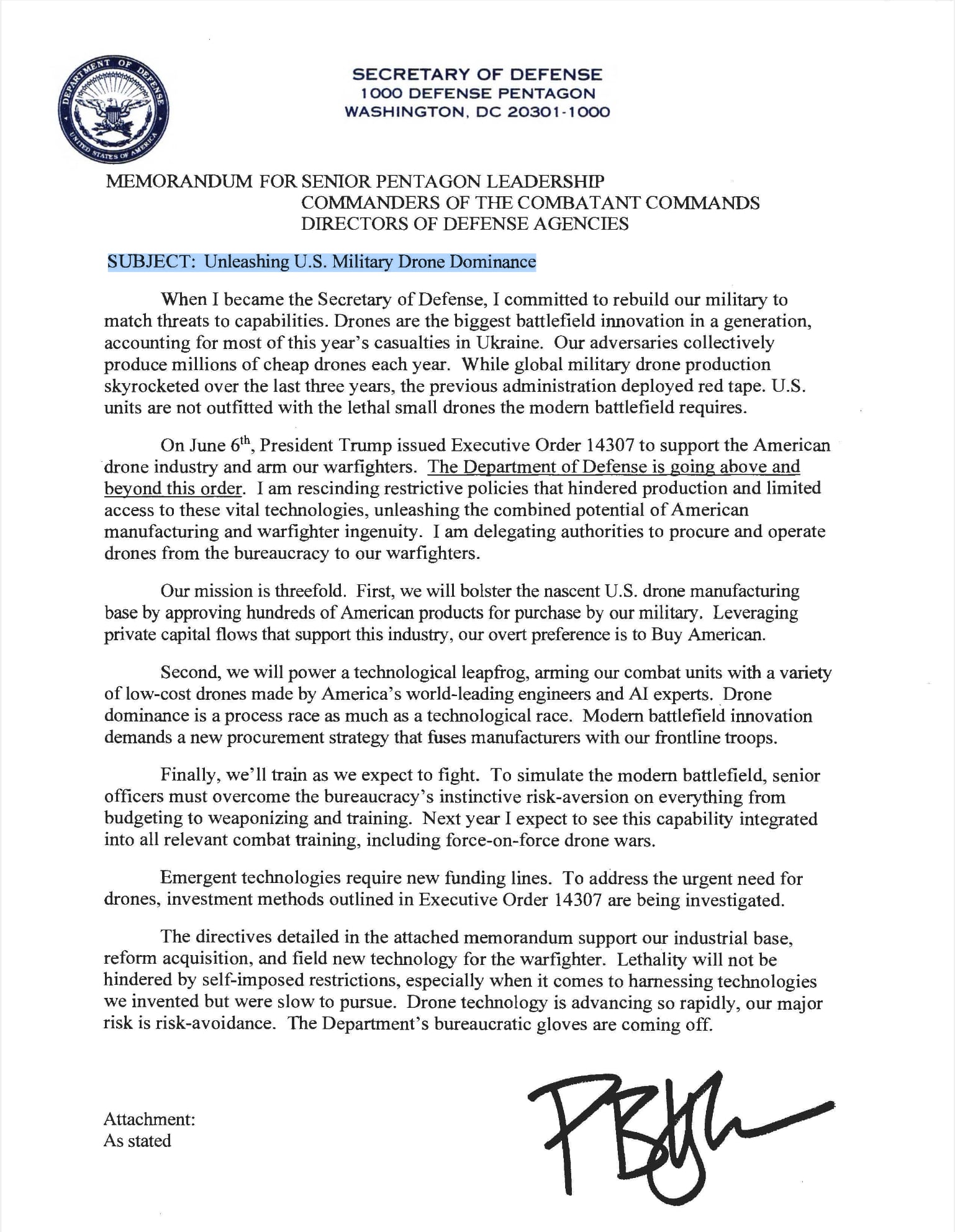 Der Text des Pentagon-Memorandums wurde veröffentlicht