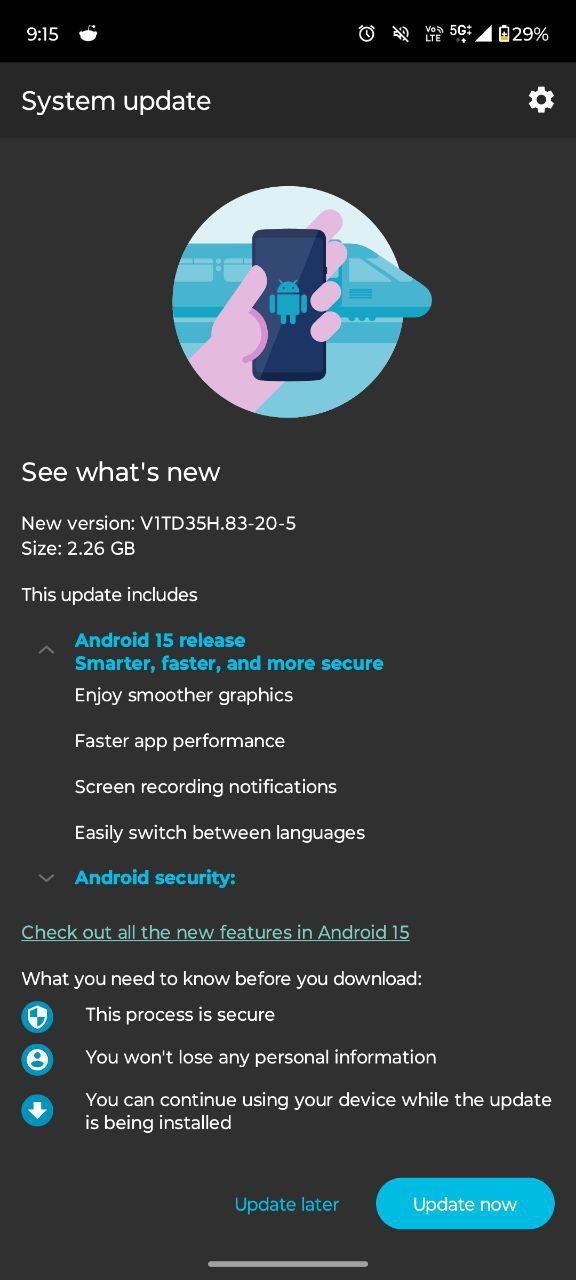 Screenshot des Moto G64 5G-Updates auf Android 15
