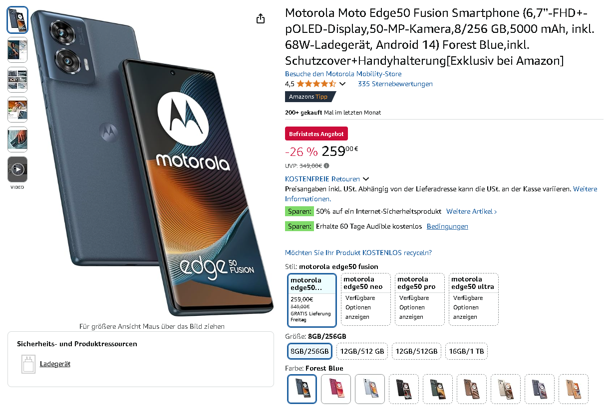 Motorola Edge 50 Fusion Screenshot des Motorola Edge 50 Fusion auf Amazon