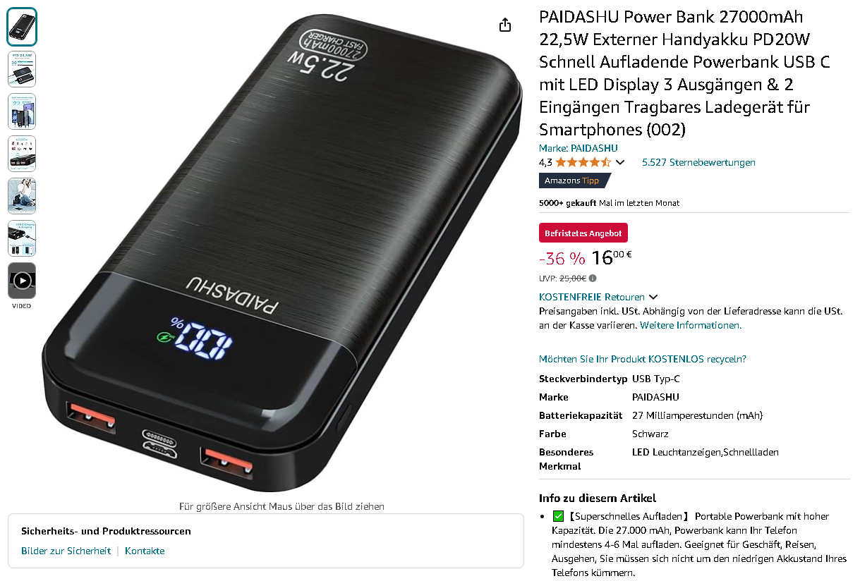 PAIDASHU Power Bank Screenshot der PAIDASHU Power Bank. Quelle: Amazon