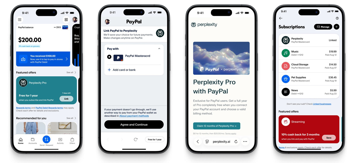 Perplexity Pro-Jahresabonnement kostenlos Ein Jahr Abonnement von Perplexity Pro kostenlos. Illustration für die PayPal-Kampagne