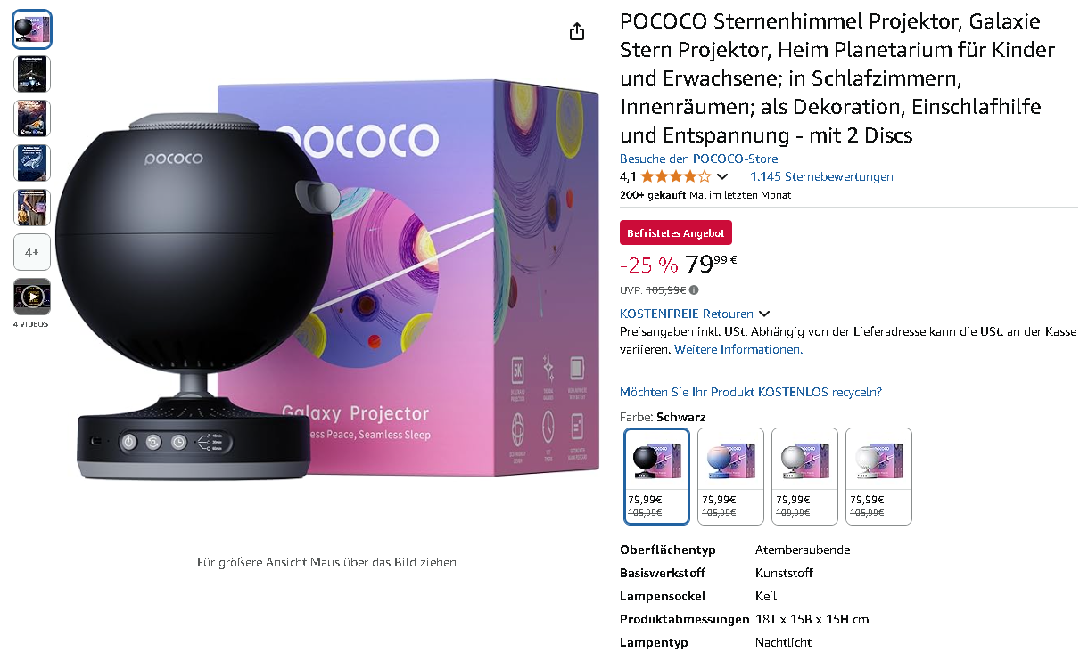 Screenshot des POCOCO Projektors auf Amazon