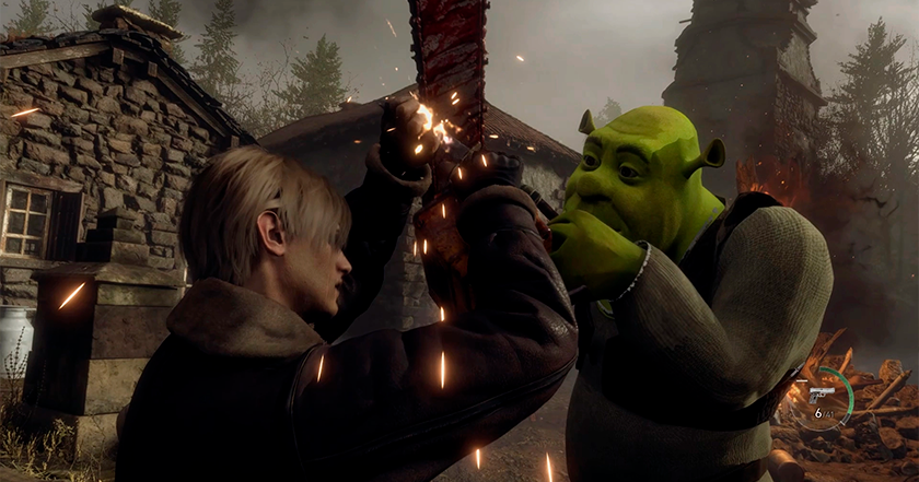 Dies ist der Teil, in dem du wegläufst. Für Resident Evil 4 Chainsaw Demo gibt es eine Modifikation, die Shrek hinzufügt Dies ist der Teil, in dem du wegläufst. Für Resident Evil 4 Chainsaw Demo gibt es eine Modifikation, die Shrek hinzufügt
