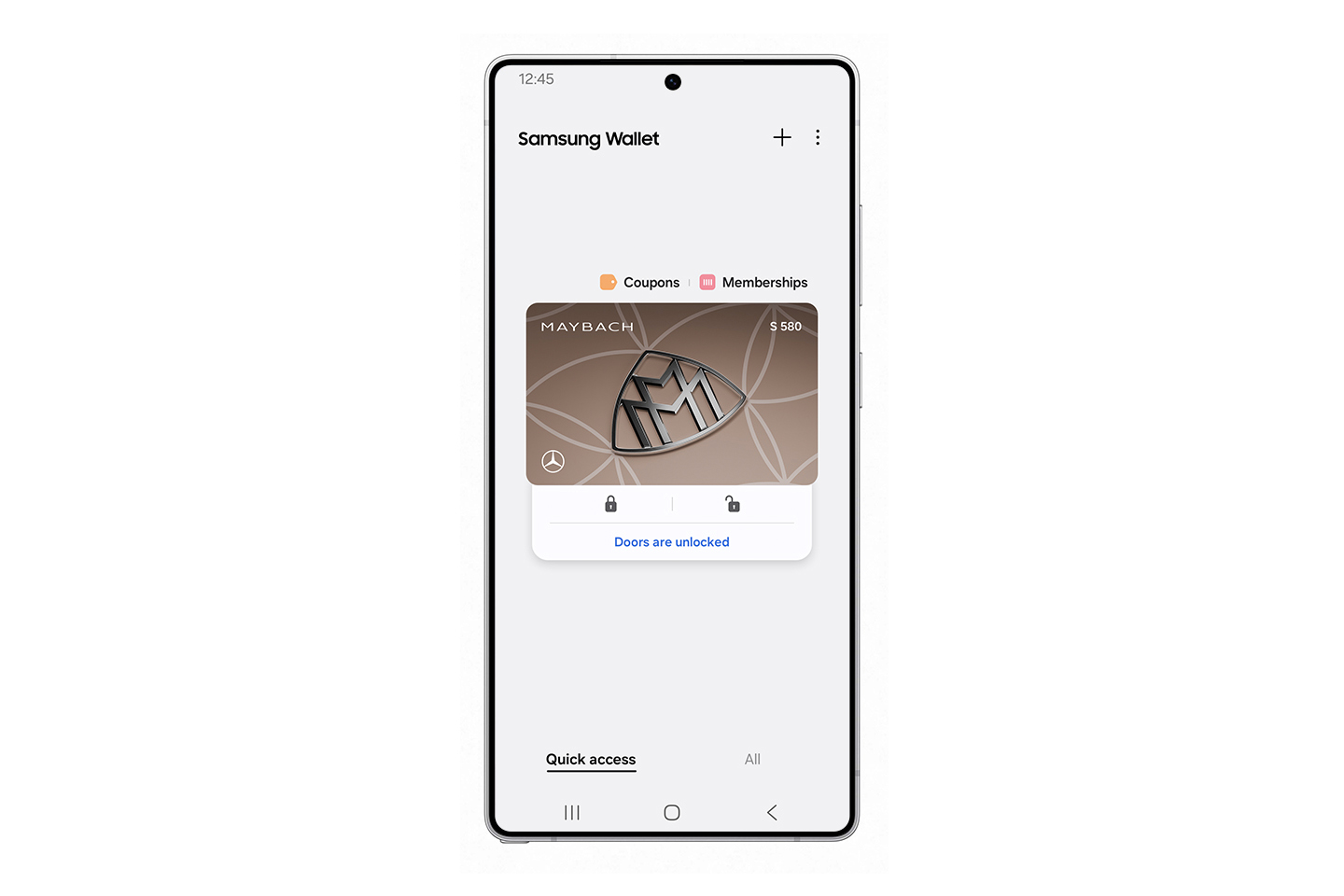 Screenshot der Samsung Wallet mit einem digitalen Schlüssel für Mercedes-Benz Screenshot der Samsung Wallet mit einem digitalen Schlüssel für Mercedes-Benz