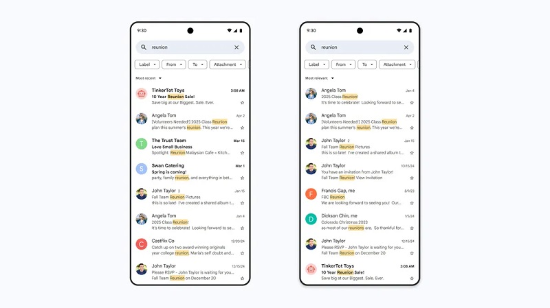 Suche in Google Mail vor und nach der Aktualisierung