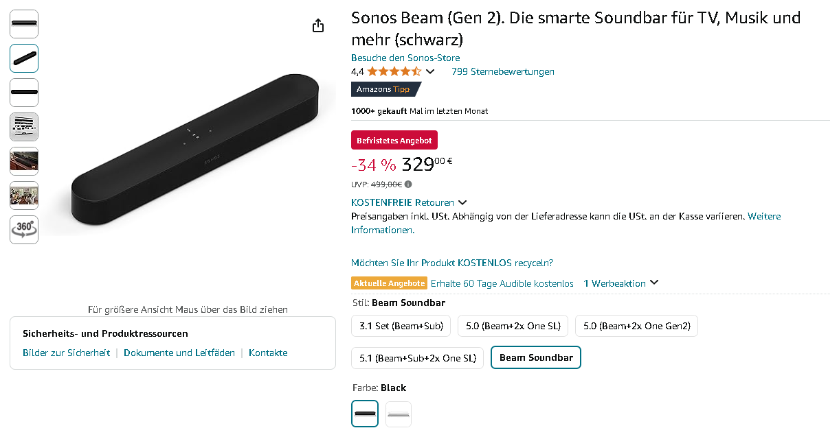 Sonos Beam (Gen 2) Screenshot der Sonos Beam (Gen 2) auf Amazon