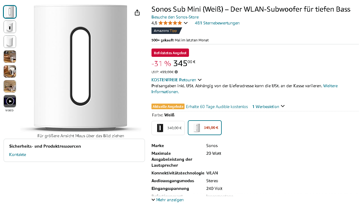 Sonos Sub Mini Screenshot der Sonos Sub Mini