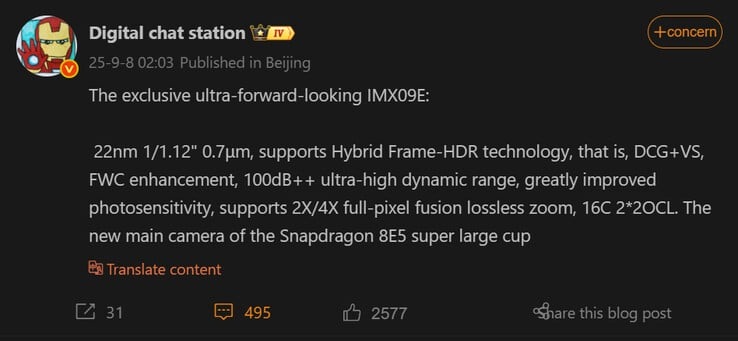 Sony IMX09E 200 MP sensor Digital Chat Station's auto-translated post about the Sony IMX09E sensor