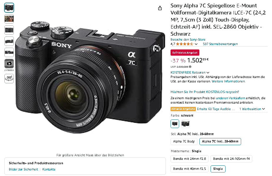 Screenshot der Sony Alpha 7C Kamera