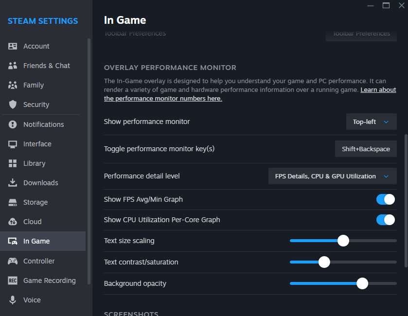 Einstellungen des Leistungsmonitor-Interfaces. Illustration: Steam