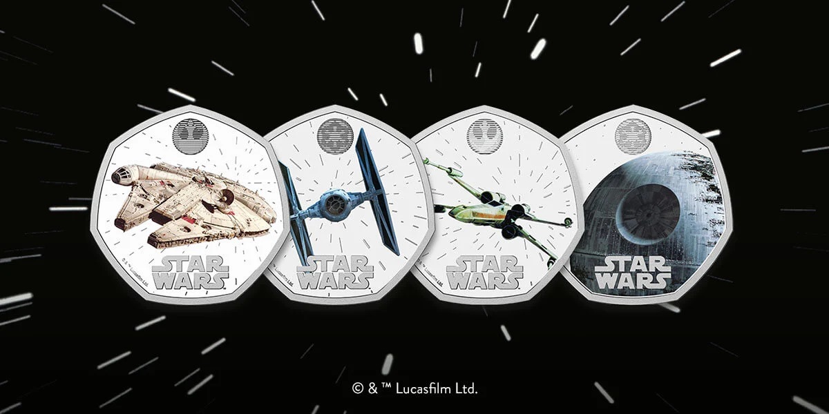 Die britische Münzanstalt hat eine Numismatik-Kollektion herausgegeben, die drei ikonische Raumschiffe und den Todesstern aus Star Wars zeigt Die britische Münzanstalt hat eine Numismatik-Kollektion herausgegeben, die drei ikonische Raumschiffe und den Todesstern aus Star Wars zeigt