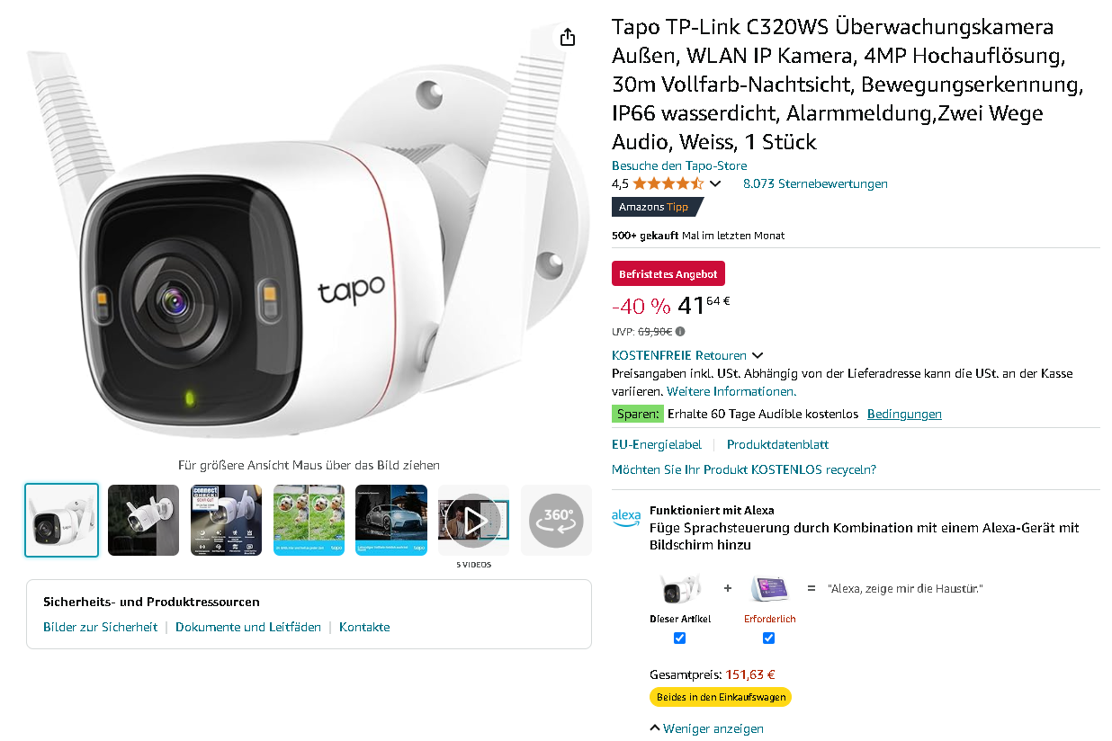 Tapo C320WS Außenkamera Screenshot Screenshot der Tapo C320WS