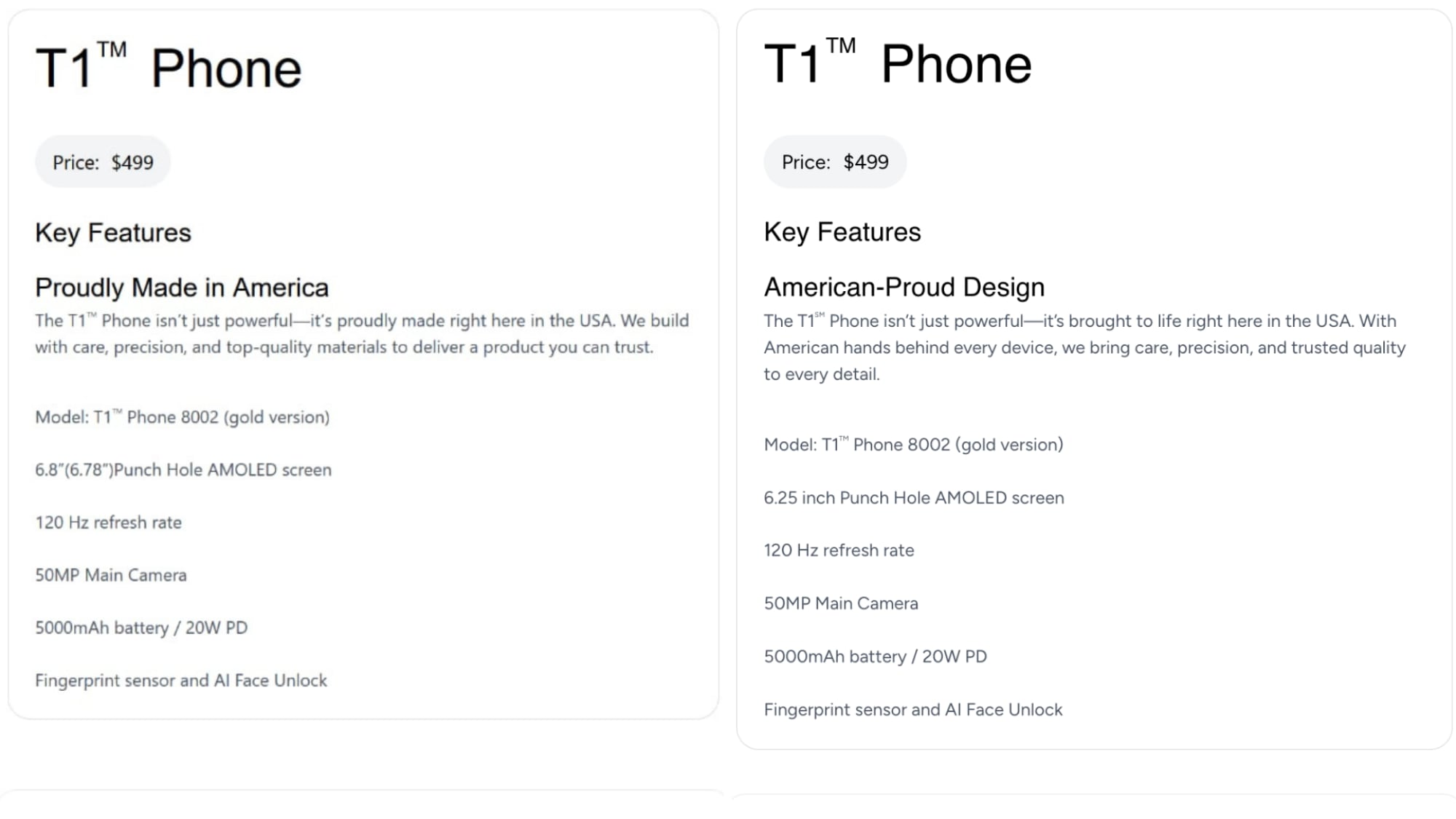 Alte und aktualisierte Beschreibung des T1 Phone Smartphones