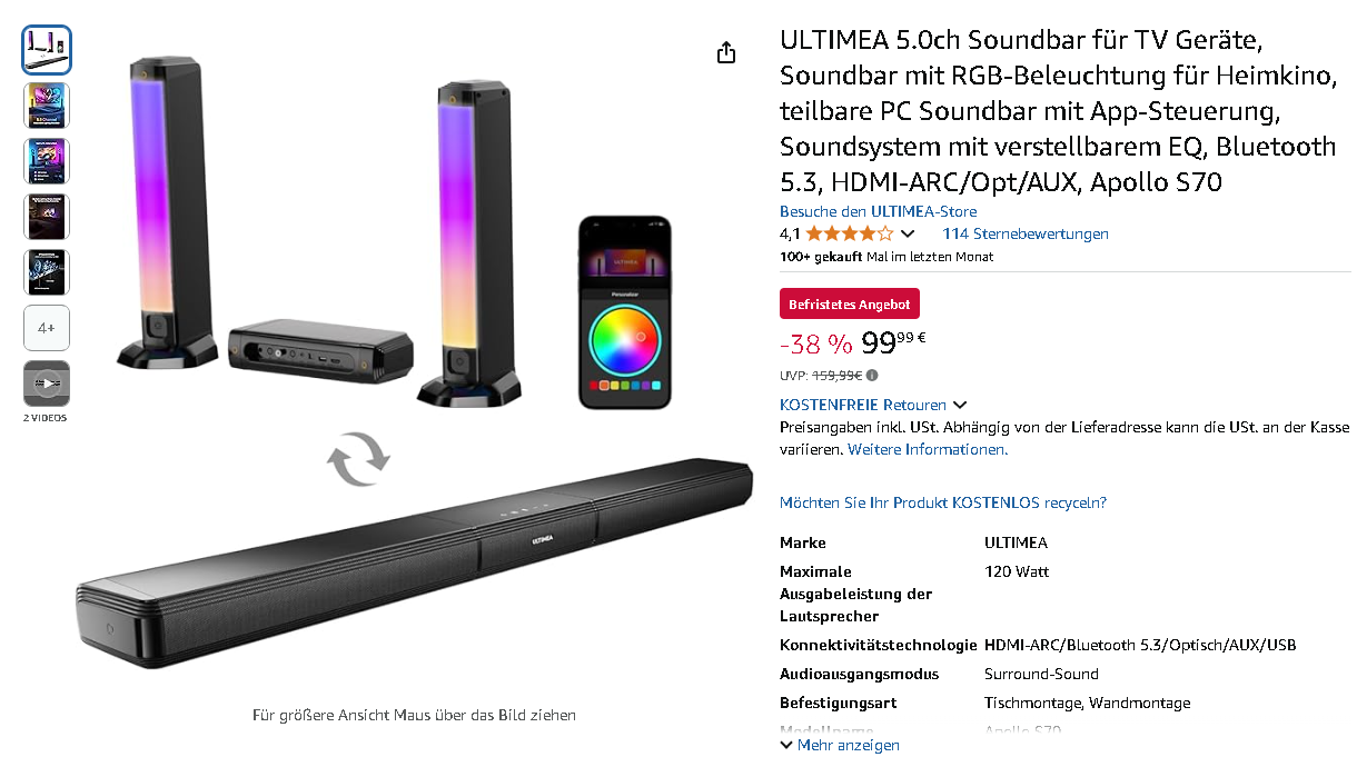 Screenshot der ULTIMEA Apollo S70. Quelle: Amazon