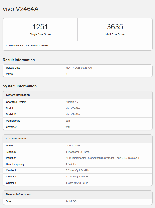 Vivo S30 Test auf Geekbench Vivo S30 Test auf Geekbench