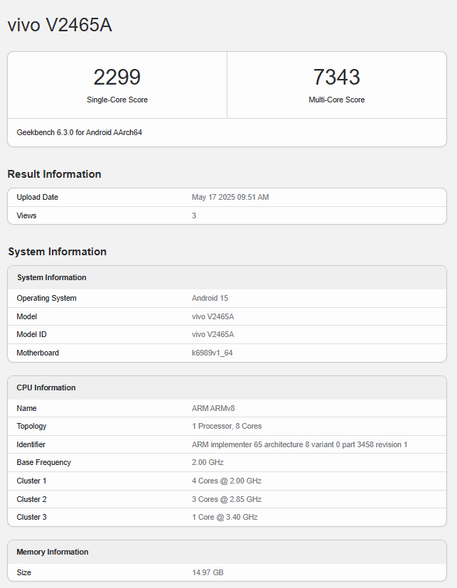 Vivo S30 Pro Mini Test auf Geekbench Vivo S30 Pro Mini Test auf Geekbench