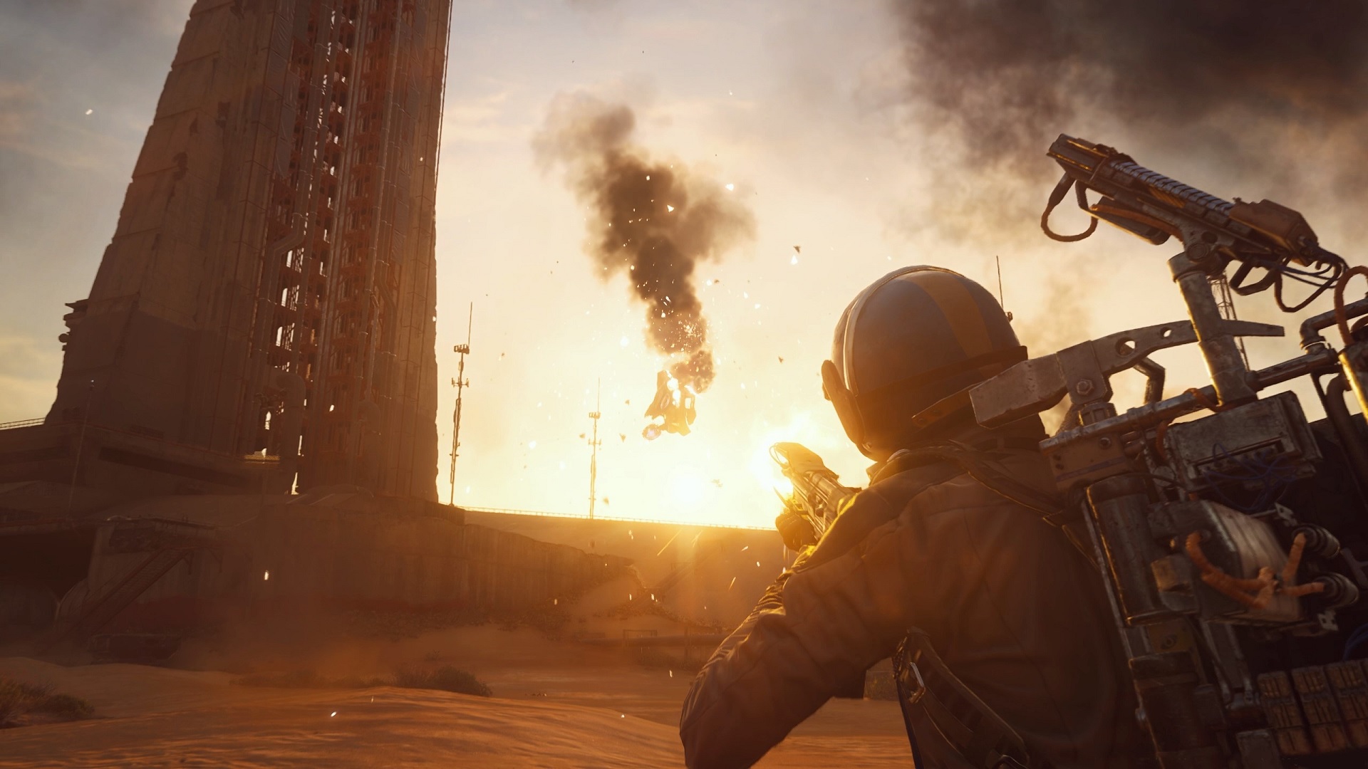 Ein Sonnenuntergang, eine Explosion, Sand zwischen den Zähnen - ein ganz normaler Tag im post-apokalyptischen Paradies von Arc Raiders. Illustration: Einschiffung Sonnenuntergang in Arc Raiders